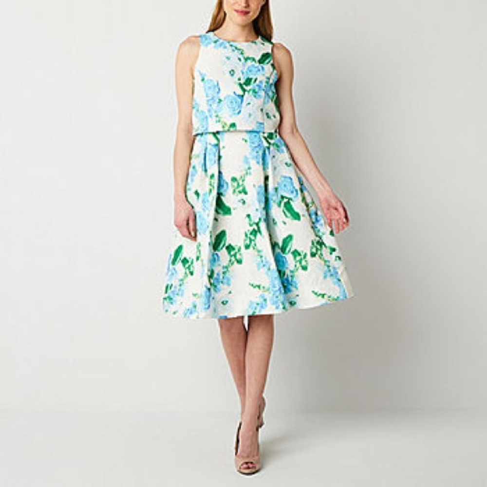 Sleeveless White Floral Fit-and-Flare Dress with Blue & Green Print